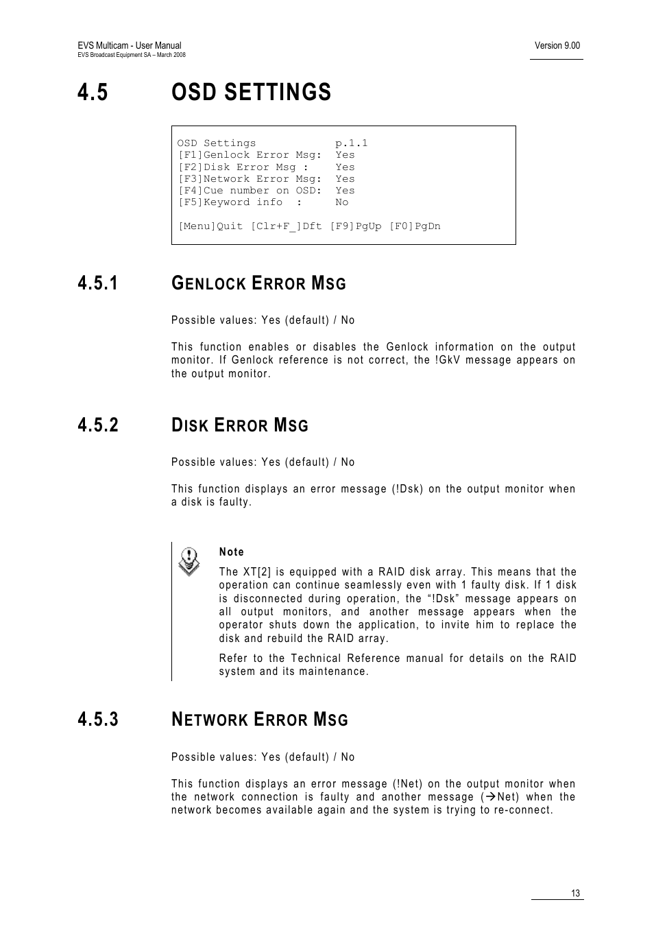 1 genlock error msg, 2 disk error msg, 3 network error msg | 5 osd settings | EVS MulticamLSM Version 9.00 - March 2008 User's Manual User Manual | Page 22 / 201