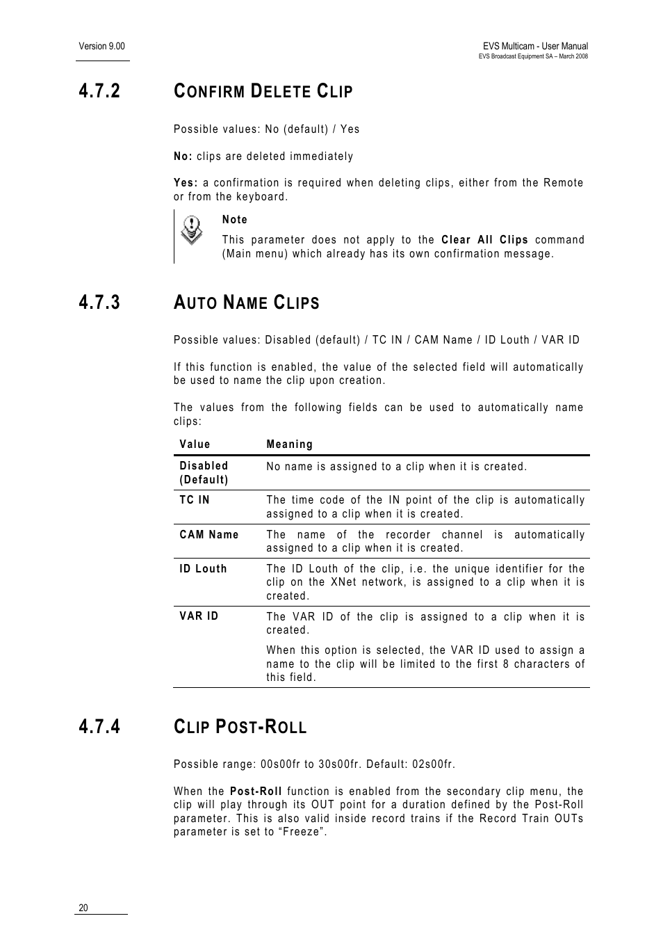 2 confirm delete clip, 3 auto name clips, 4 clip post-roll | EVS MulticamLSM Version 9.00 - March 2008 User's Manual User Manual | Page 29 / 201