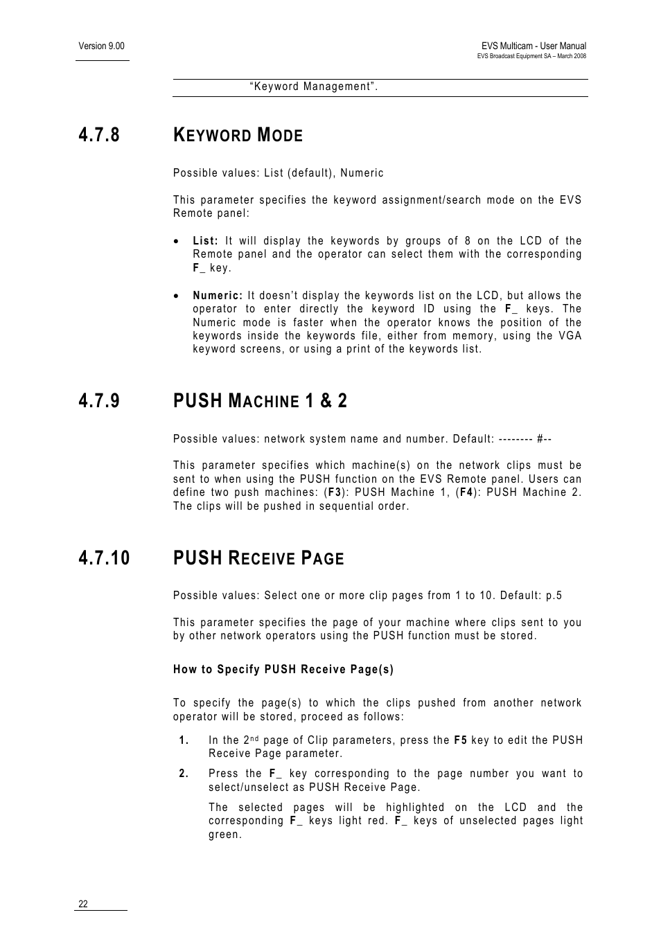 8 keyword mode, 9 push machine 1 & 2, 9 push | 10 push | EVS MulticamLSM Version 9.00 - March 2008 User's Manual User Manual | Page 31 / 201