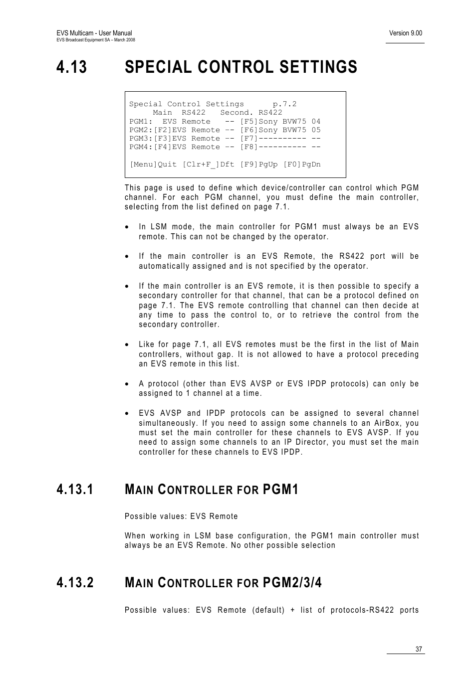 1 main controller for pgm1, 2 main controller for pgm2/3/4, 13 special control settings | Pgm1, Pgm2/3/4, Ontroller for | EVS MulticamLSM Version 9.00 - March 2008 User's Manual User Manual | Page 46 / 201