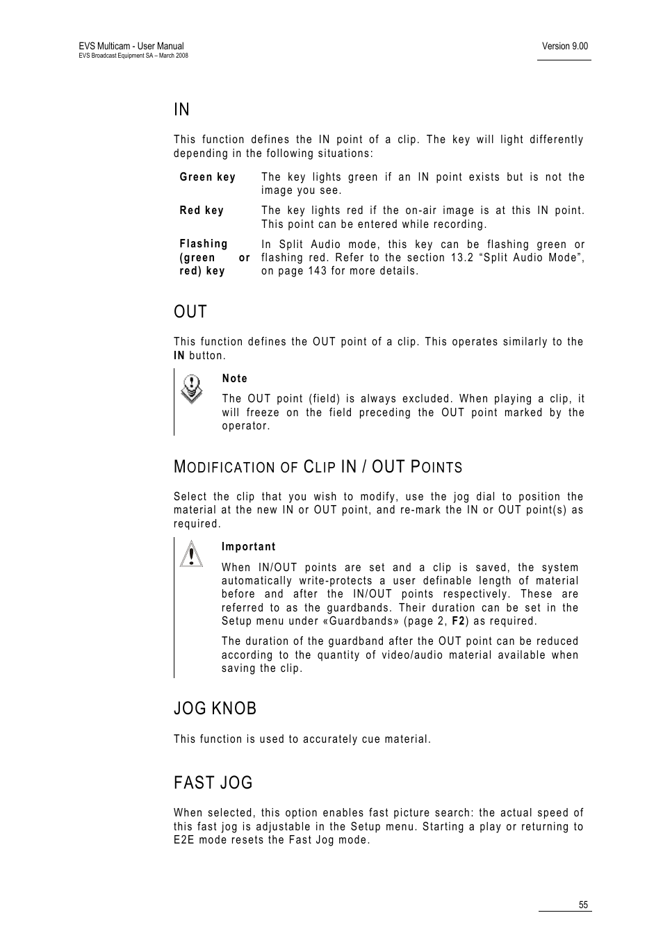 Modification of clip in / out points, Jog knob, Fast jog | Knob, Fast | EVS MulticamLSM Version 9.00 - March 2008 User's Manual User Manual | Page 64 / 201