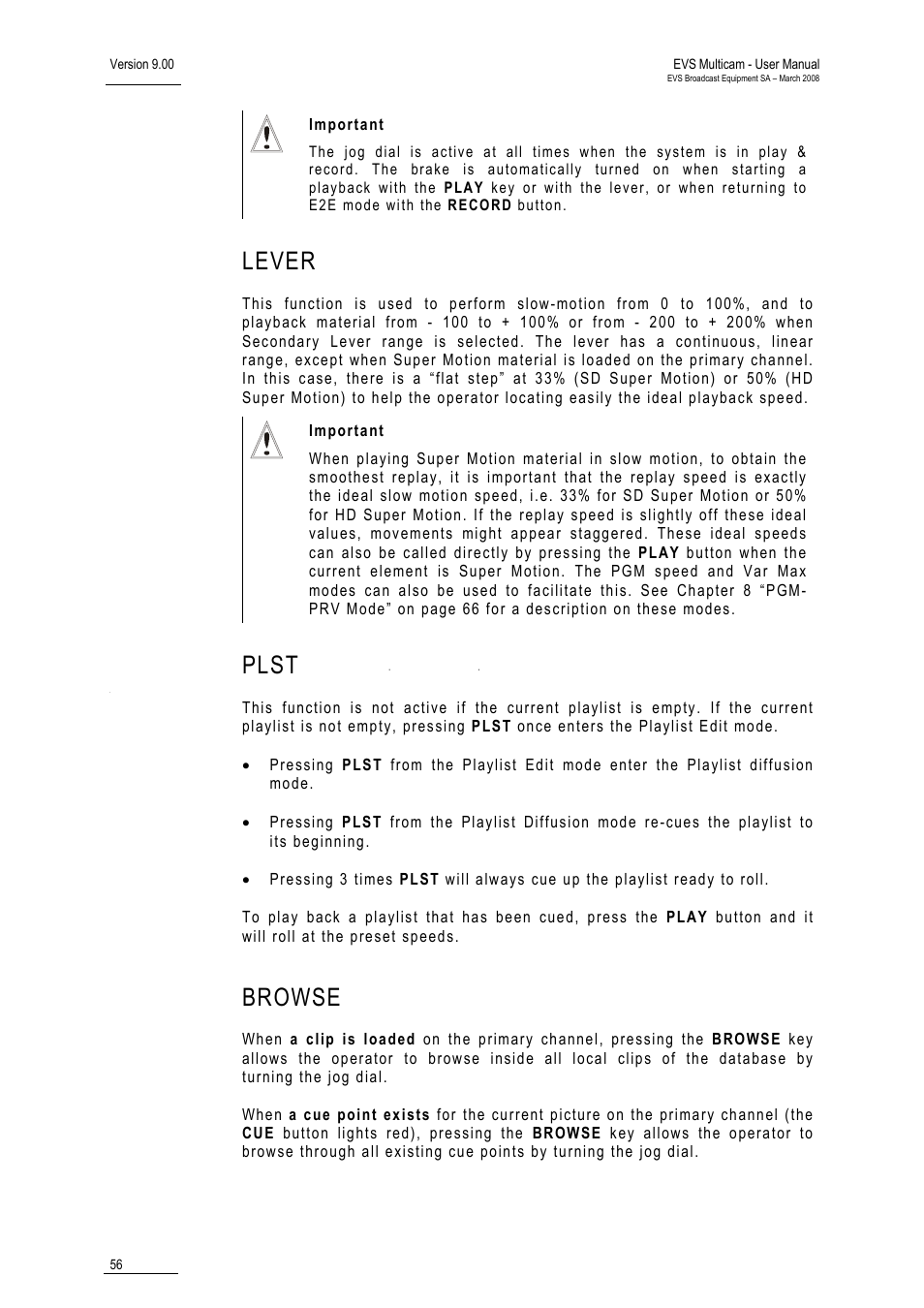 Lever, Plst, Browse | EVS MulticamLSM Version 9.00 - March 2008 User's Manual User Manual | Page 65 / 201