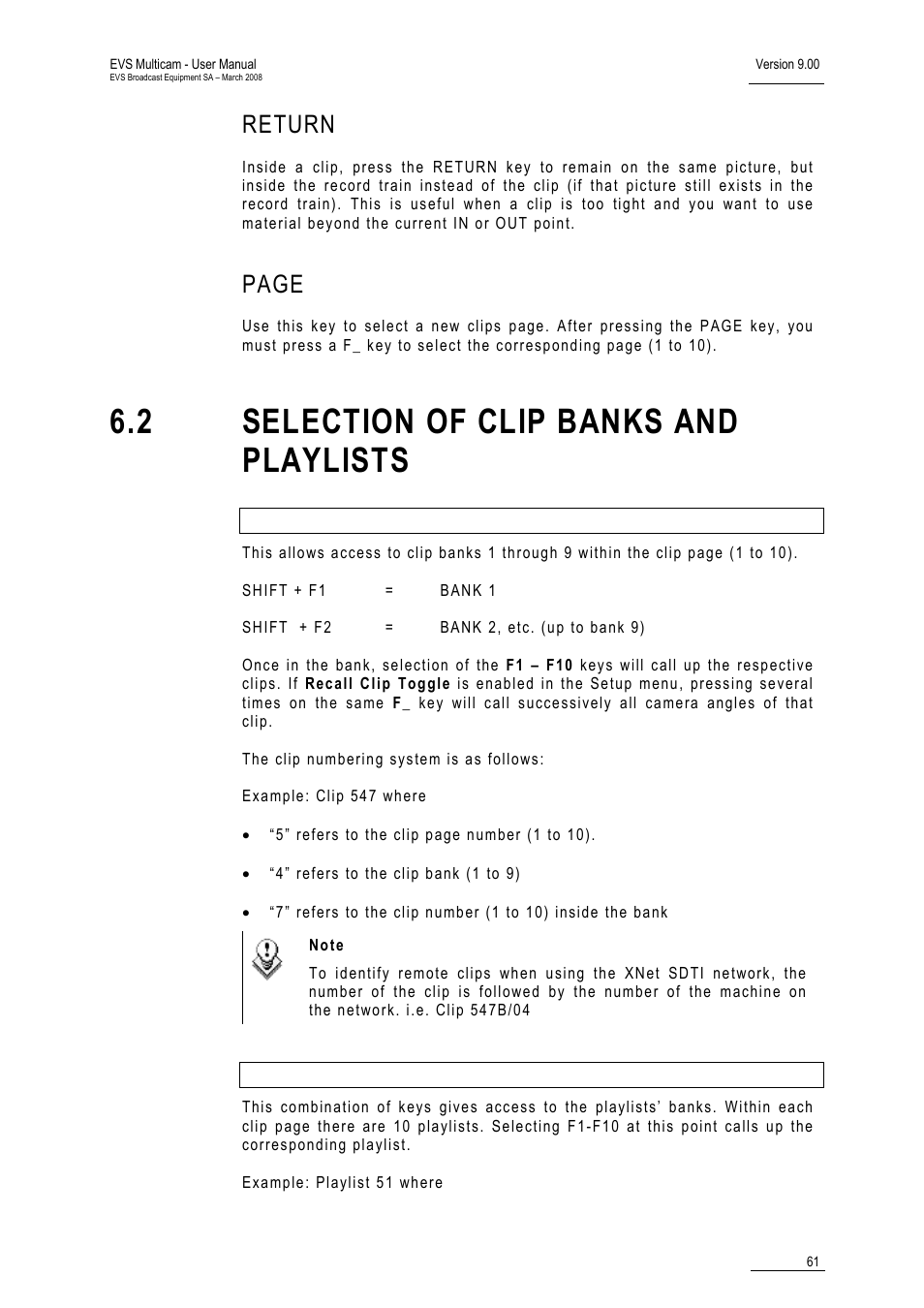 Return, 2 selection of clip banks and playlists, Page | EVS MulticamLSM Version 9.00 - March 2008 User's Manual User Manual | Page 70 / 201