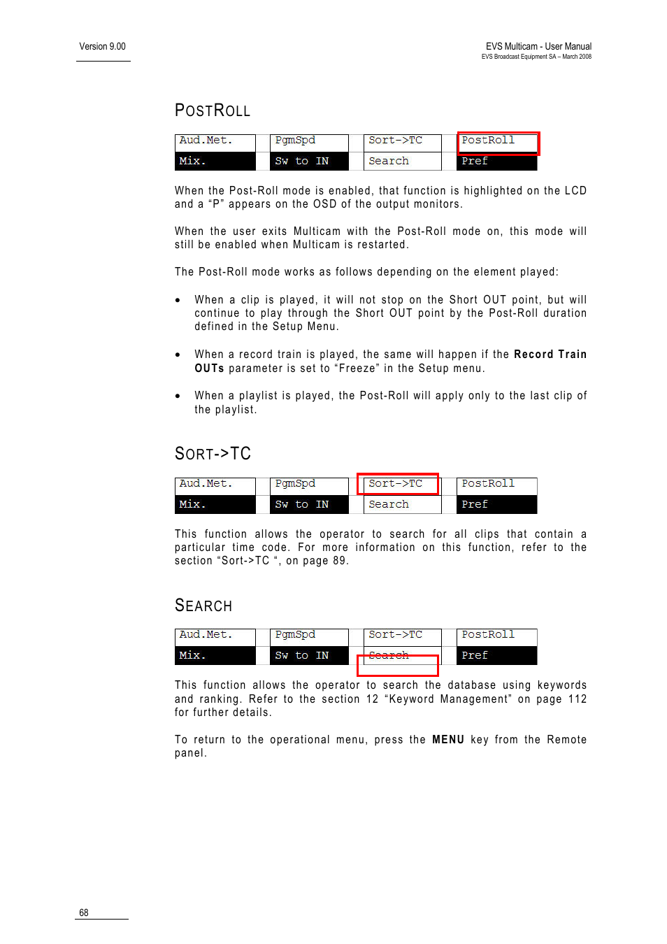 Postroll, Sort->tc, Search | EVS MulticamLSM Version 9.00 - March 2008 User's Manual User Manual | Page 77 / 201