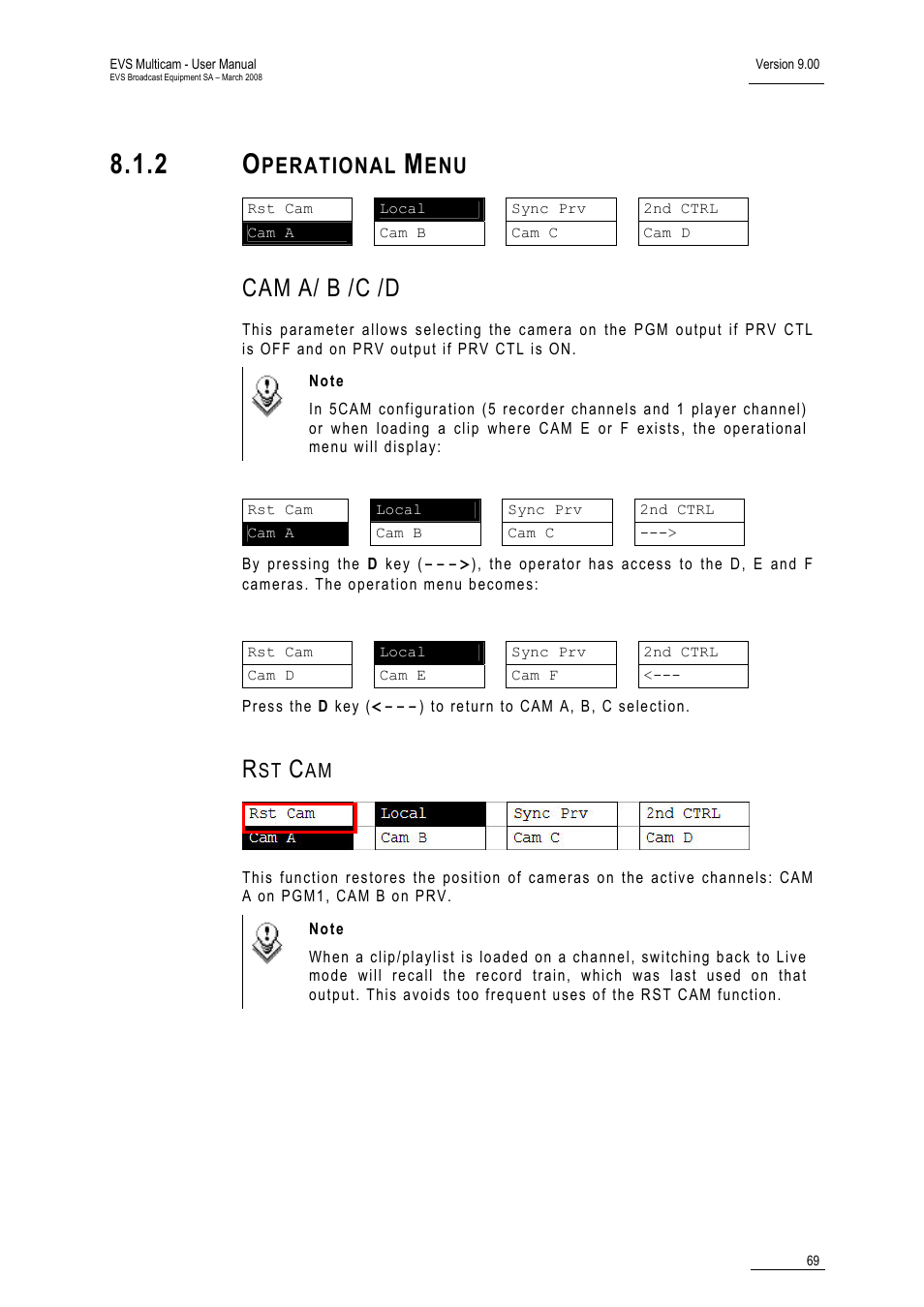 2 operational menu, Cam a/ b /c /d, Rst cam | Perational | EVS MulticamLSM Version 9.00 - March 2008 User's Manual User Manual | Page 78 / 201