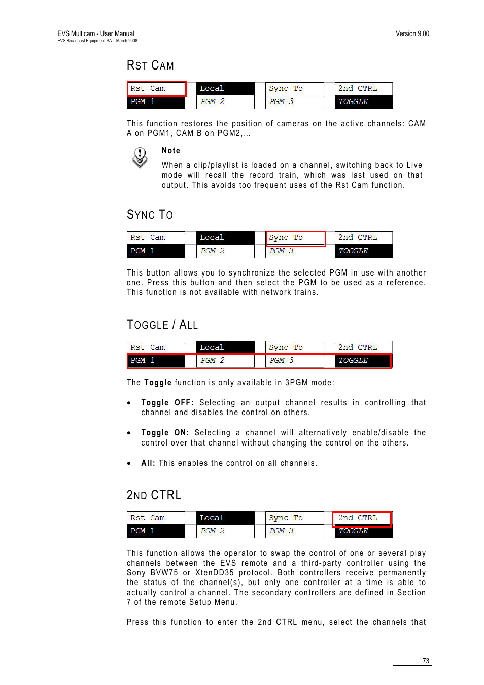 Rst cam, Sync to, Toggle / all | 2nd ctrl, Ctrl | EVS MulticamLSM Version 9.00 - March 2008 User's Manual User Manual | Page 82 / 201