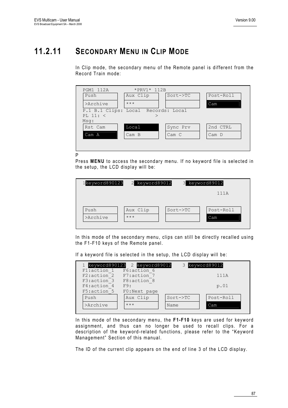 11 secondary menu in clip mode, 11 s, Econdary | Enu in | EVS MulticamLSM Version 9.00 - March 2008 User's Manual User Manual | Page 96 / 201