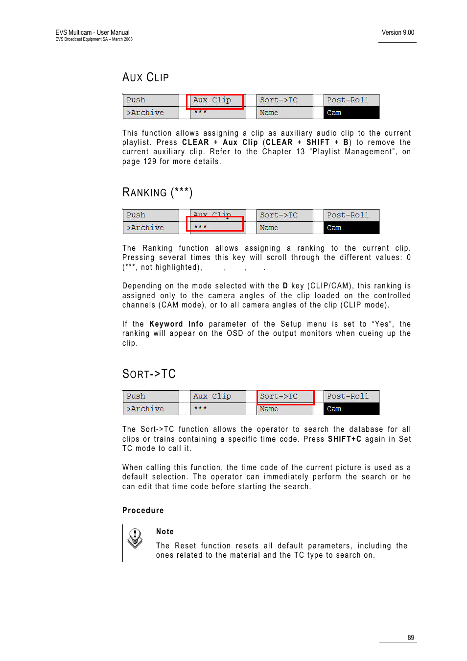 Aux clip, Ranking (***), Sort->tc | Procedure | EVS MulticamLSM Version 9.00 - March 2008 User's Manual User Manual | Page 98 / 201