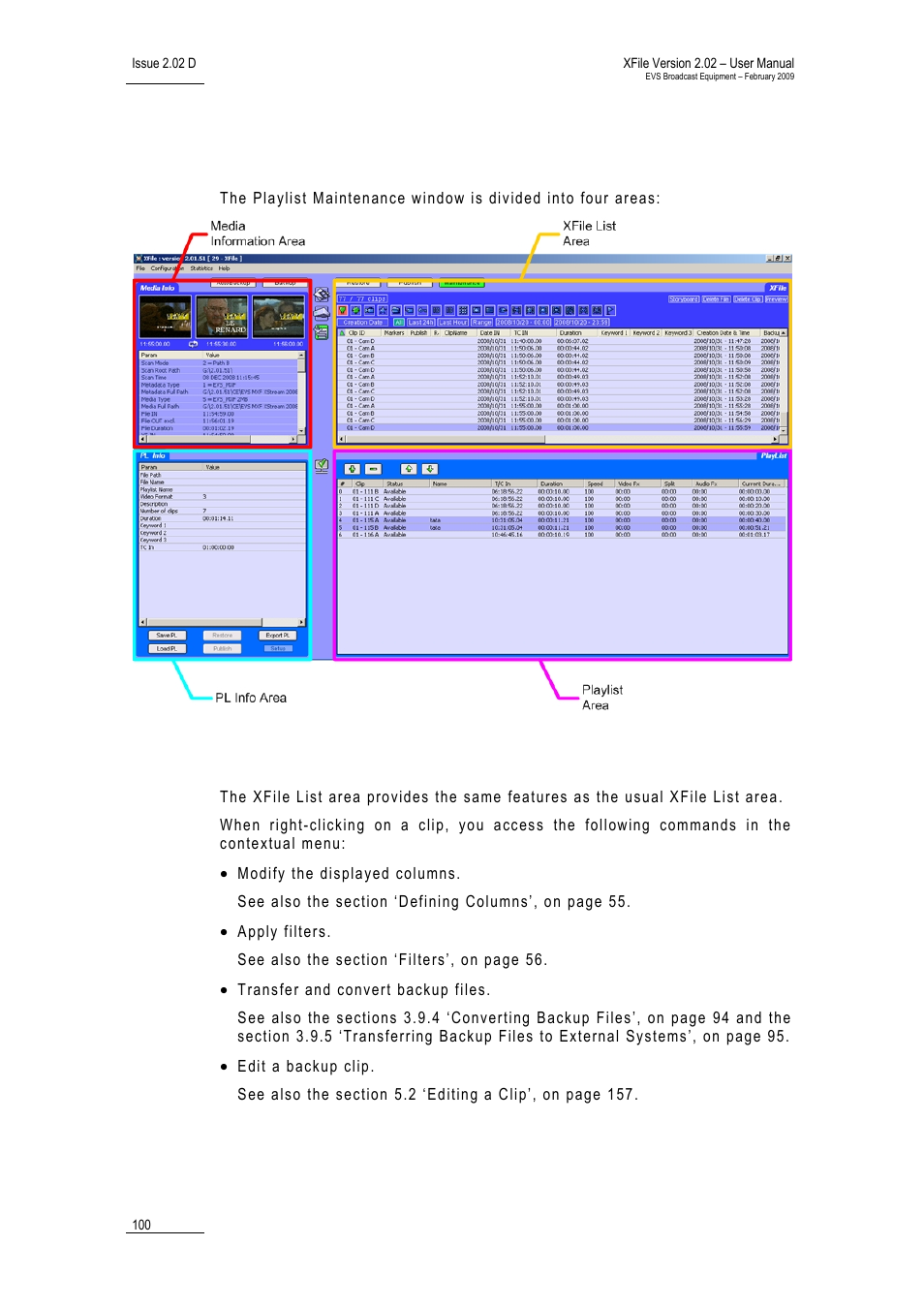 2 overview of the playlist maintenance window, Xfile list area, Verview of the | Laylist, Aintenance, Indow | EVS Xfile Version 2.02 - February 2009 User Manual User Manual | Page 101 / 189