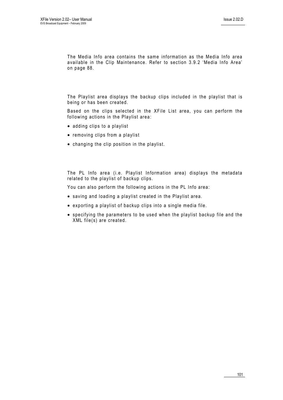 Media info area, Playlist area, Pl info area | EVS Xfile Version 2.02 - February 2009 User Manual User Manual | Page 102 / 189