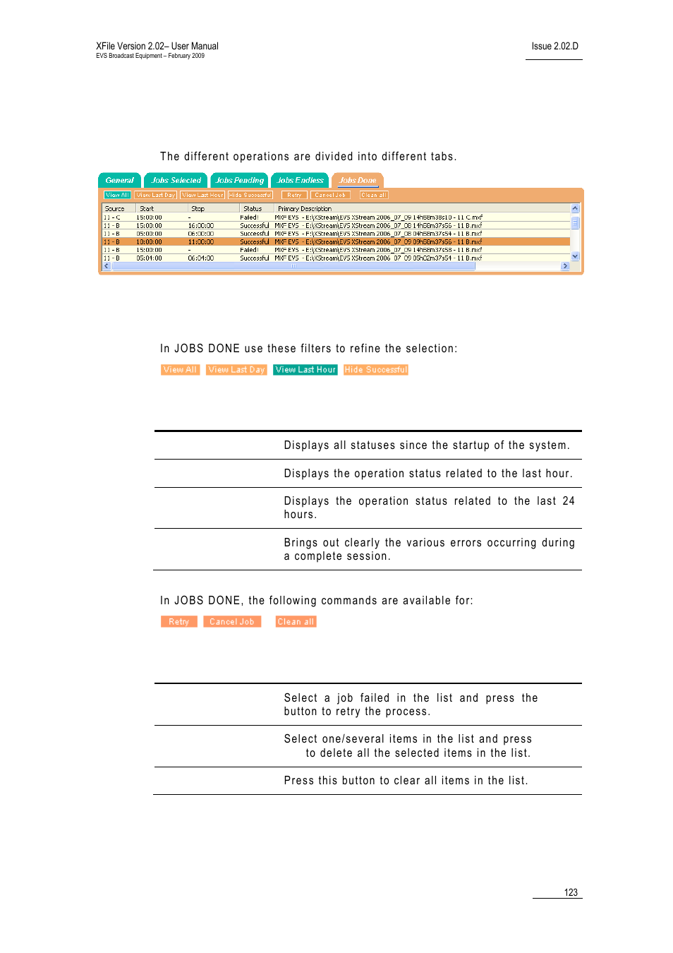 5 status area, 1 jobs done tab | EVS Xfile Version 2.02 - February 2009 User Manual User Manual | Page 124 / 189