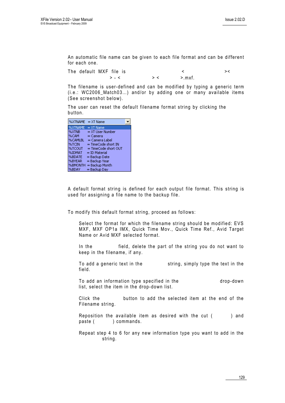 Format string, Ormat, Tring | EVS Xfile Version 2.02 - February 2009 User Manual User Manual | Page 130 / 189