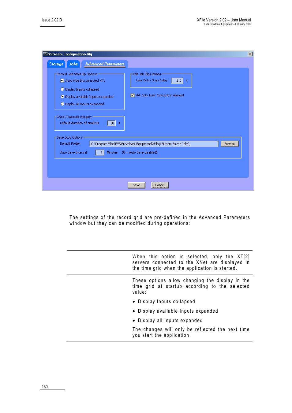 3 advanced parameters tab, Record grid start up options, Dvanced parameters tab | EVS Xfile Version 2.02 - February 2009 User Manual User Manual | Page 131 / 189