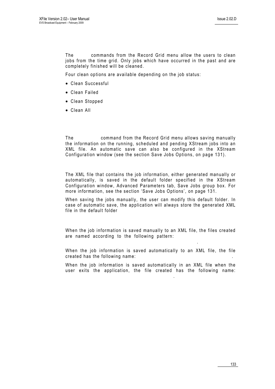 Clean options, Save jobs, Folder name | Xml file name | EVS Xfile Version 2.02 - February 2009 User Manual User Manual | Page 134 / 189