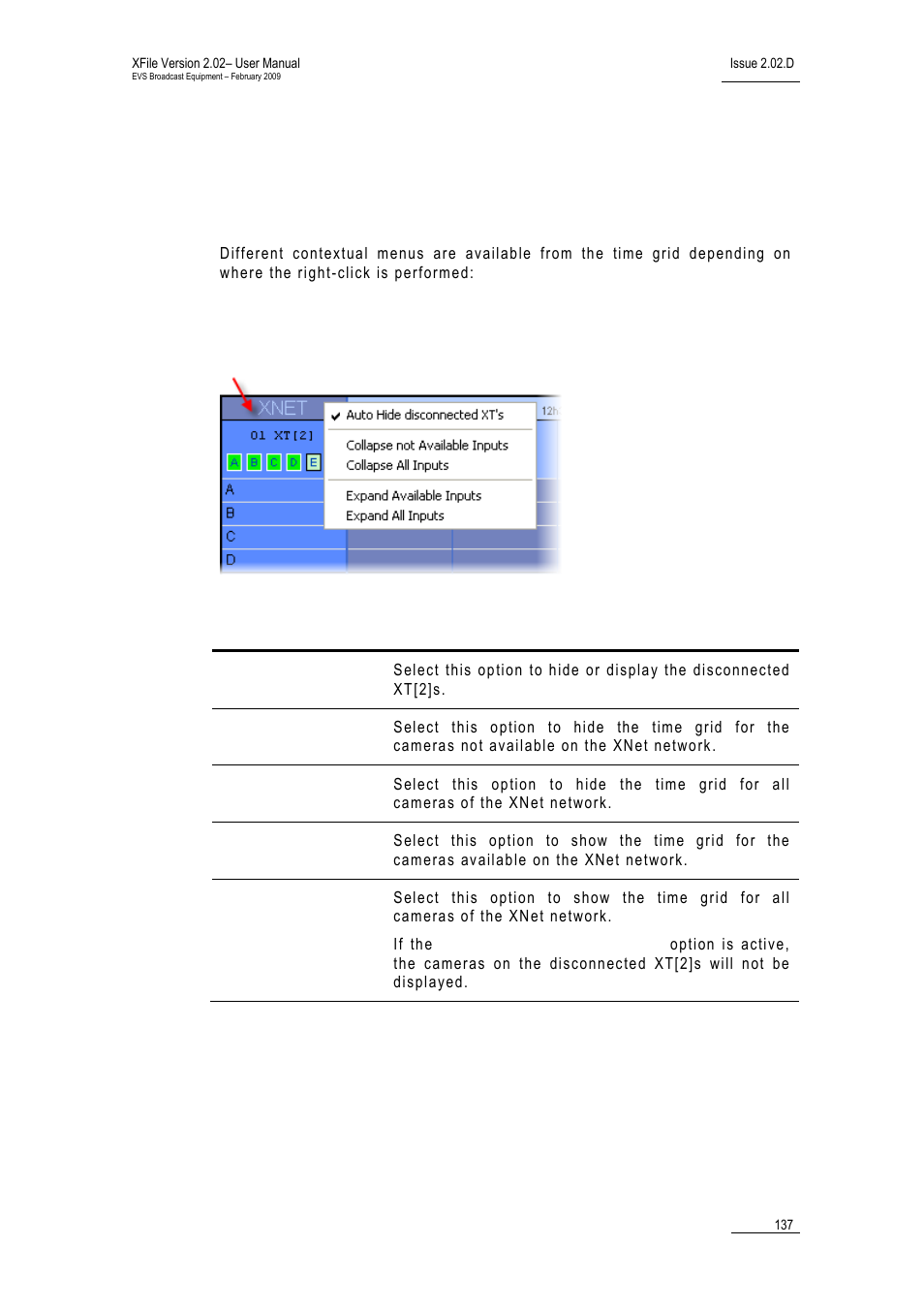 8 contextual menu in the scheduler, 1 contextual menu from the xnet label, Ontextual | Enu from the, Abel | EVS Xfile Version 2.02 - February 2009 User Manual User Manual | Page 138 / 189