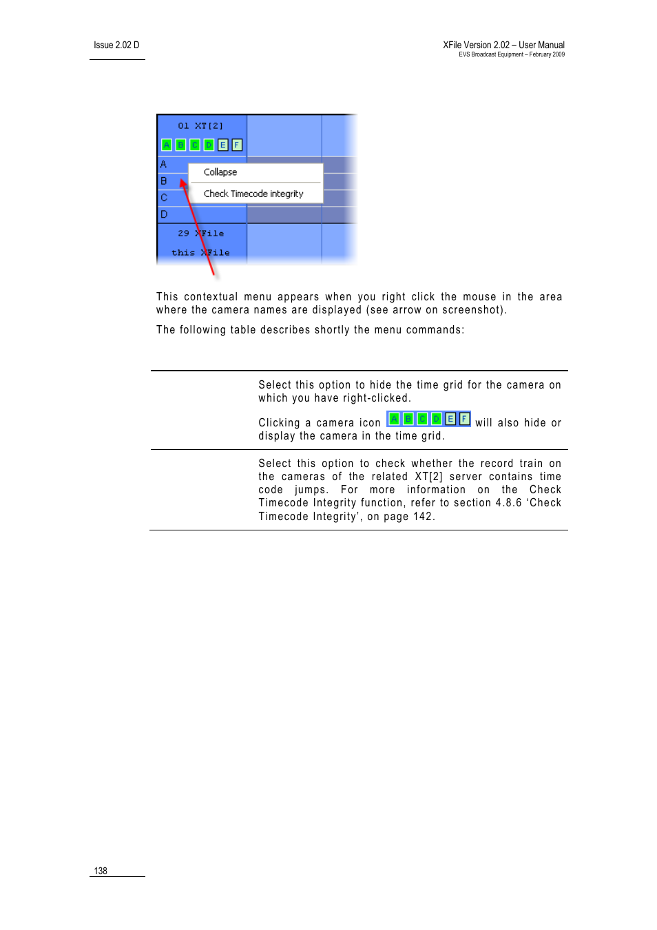 2 contextual menu from the camera names area, Ontextual, Enu from the | Amera, Ames | EVS Xfile Version 2.02 - February 2009 User Manual User Manual | Page 139 / 189