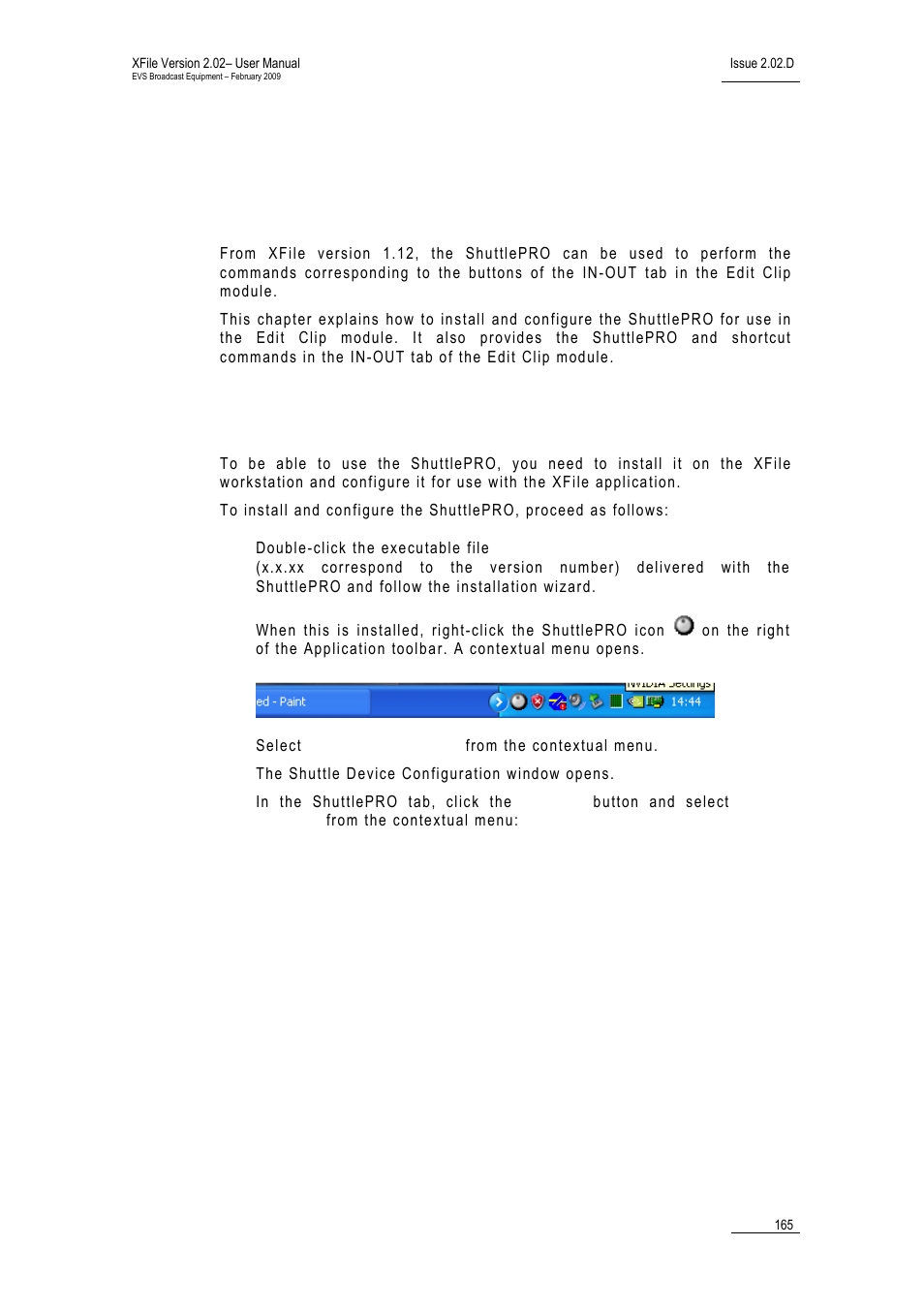3 shuttlepro use in edit clip module, 1 shuttlepro installation and configuration, Huttle | Nstallation and, Onfiguration | EVS Xfile Version 2.02 - February 2009 User Manual User Manual | Page 166 / 189