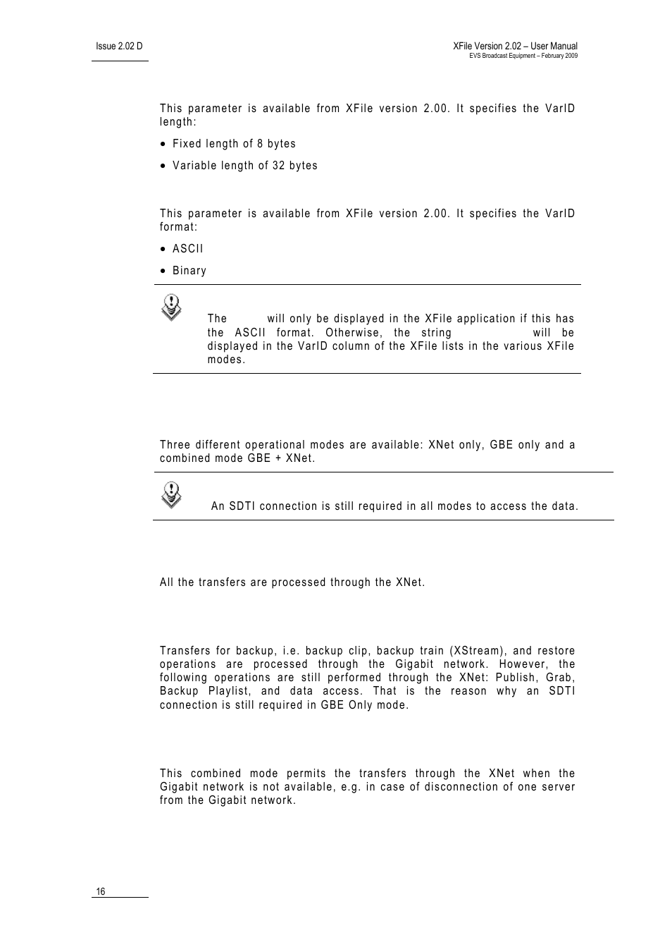 Varid length (8 char / 32 char), Varid format (ascii / binary), 2 transfer mode | Xnet only, Gbe only, Combined mode gbe + xnet, Ransfer | EVS Xfile Version 2.02 - February 2009 User Manual User Manual | Page 17 / 189