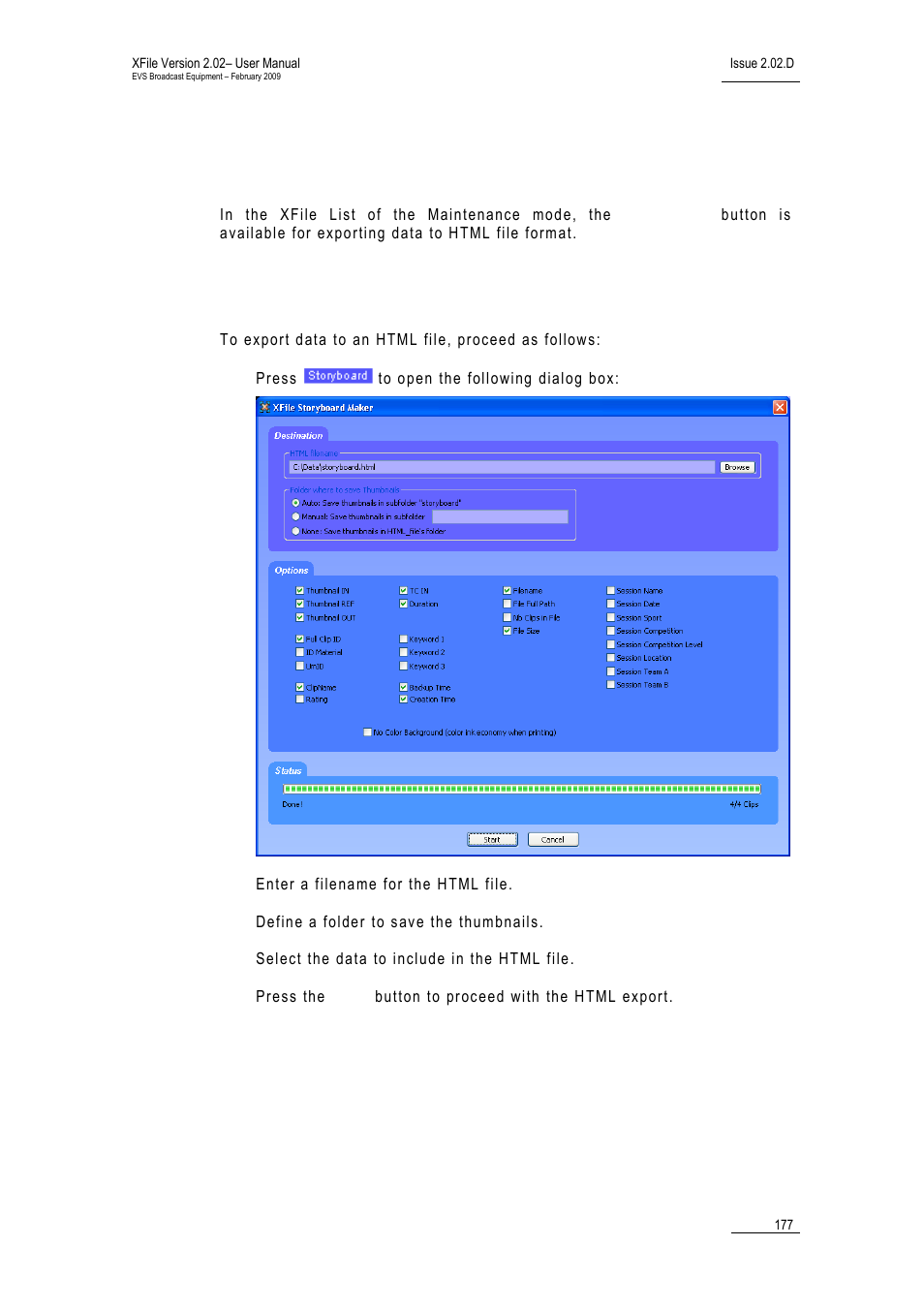 5 storyboard, 1 how to export data to html file (storyboard), Html | Ow to, Xport, Ata to, File, Toryboard | EVS Xfile Version 2.02 - February 2009 User Manual User Manual | Page 178 / 189