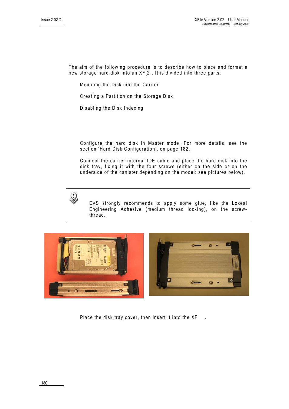 Mounting the disk into the carrier, Installing a new hard disk | EVS Xfile Version 2.02 - February 2009 User Manual User Manual | Page 181 / 189