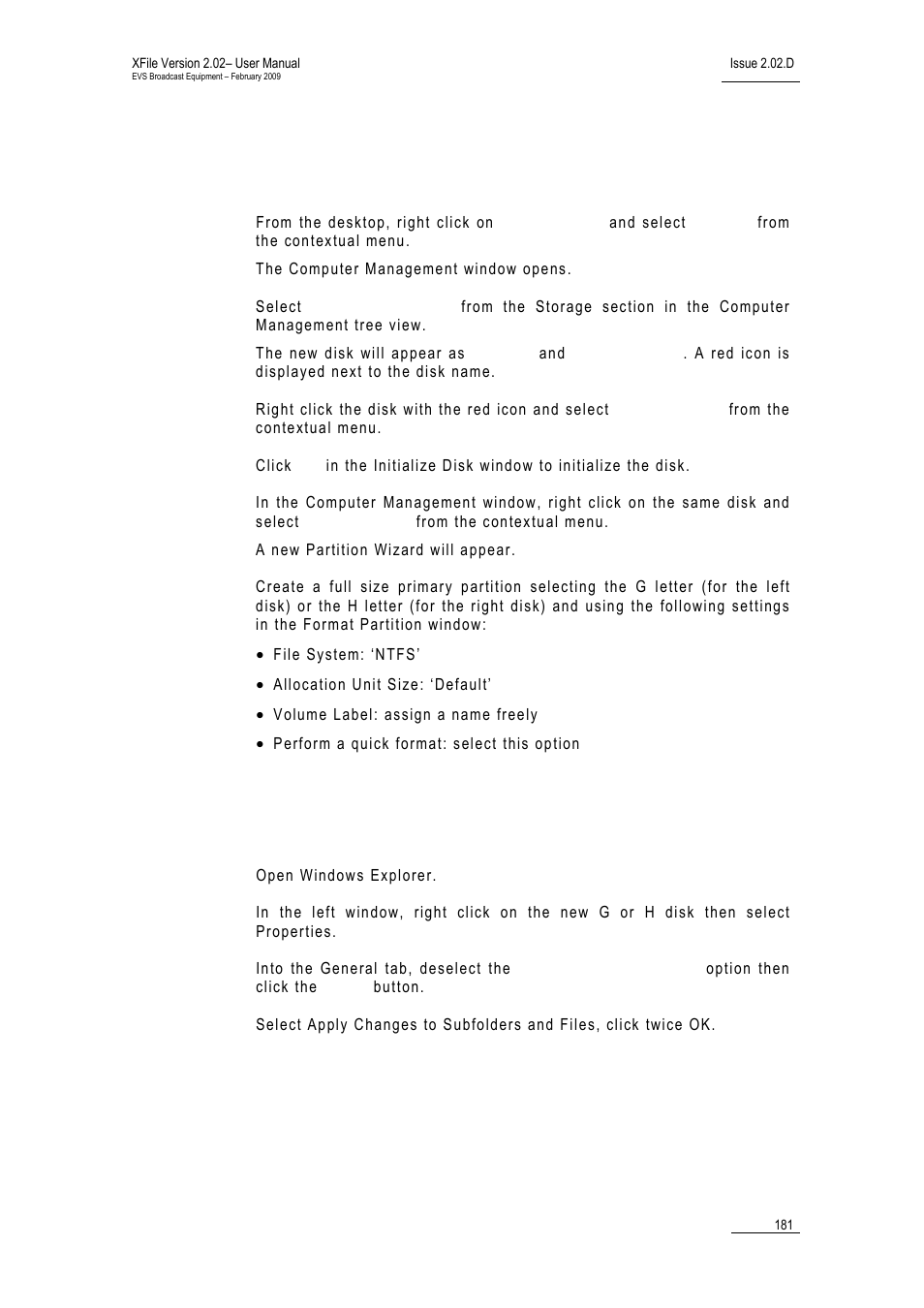 Creating a partition on the storage disk, Disabling the disk indexing | EVS Xfile Version 2.02 - February 2009 User Manual User Manual | Page 182 / 189