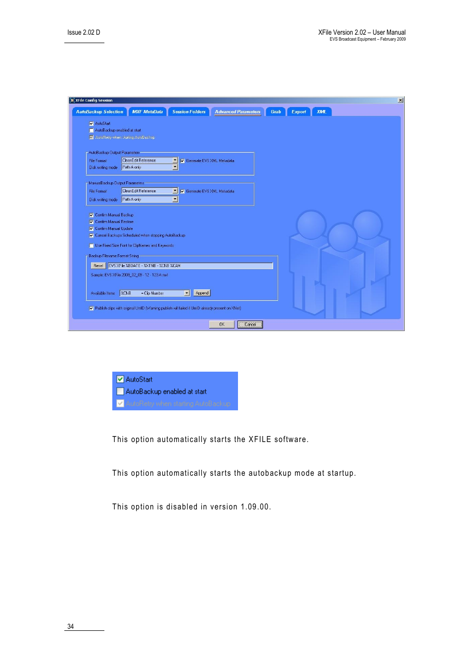 4 tab 4 – advanced parameters, Parameters for automatic processes, Autostart | Autobackup at startup, Autoretry when starting autobackup, Advanced parameters, Dvanced, Arameters | EVS Xfile Version 2.02 - February 2009 User Manual User Manual | Page 35 / 189