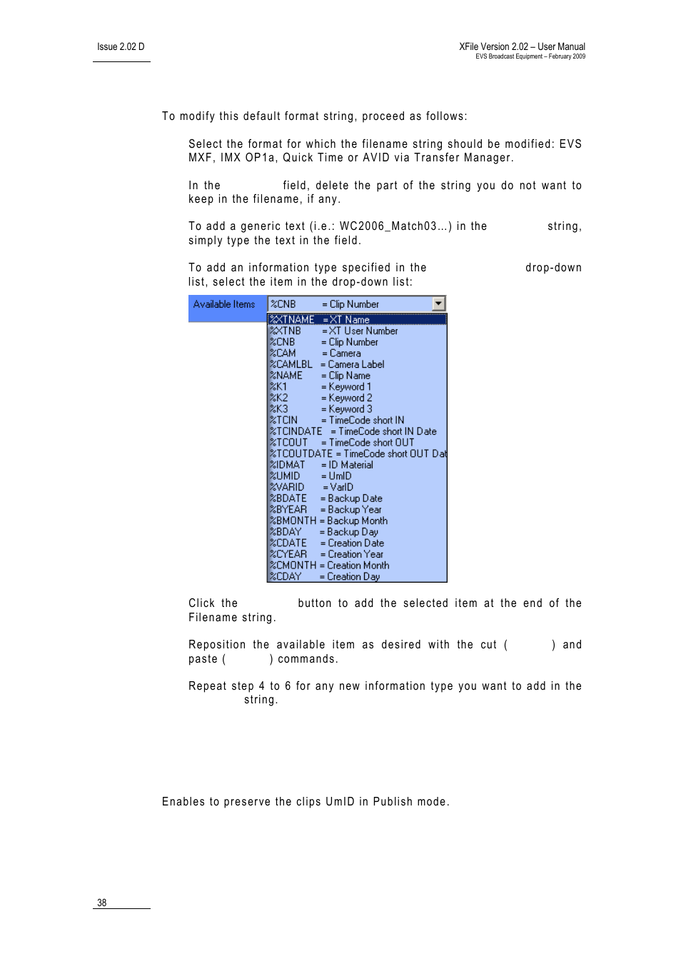 How to modify the default filename format string, Parameter for publish, Publish clips with original umid | EVS Xfile Version 2.02 - February 2009 User Manual User Manual | Page 39 / 189