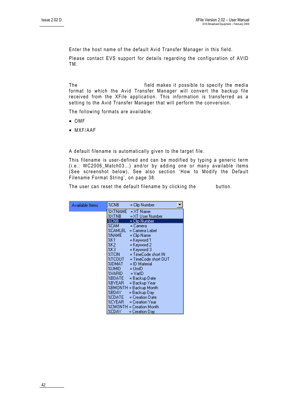 Default tm host name, Default tm media format, Target name format string | EVS Xfile Version 2.02 - February 2009 User Manual User Manual | Page 43 / 189