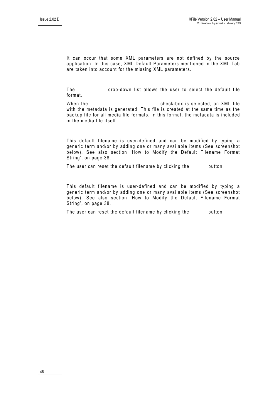 Xml default parameters, Xml backup output parameters, Xml backup filename format string | Xml grab filename format string | EVS Xfile Version 2.02 - February 2009 User Manual User Manual | Page 47 / 189