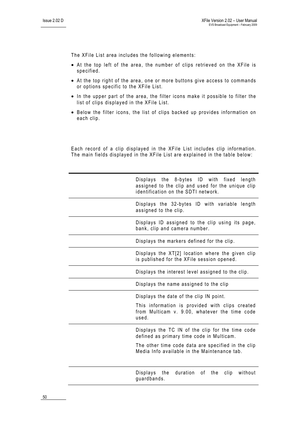 3 xfile list, Xfile list information, 3 xf | EVS Xfile Version 2.02 - February 2009 User Manual User Manual | Page 51 / 189