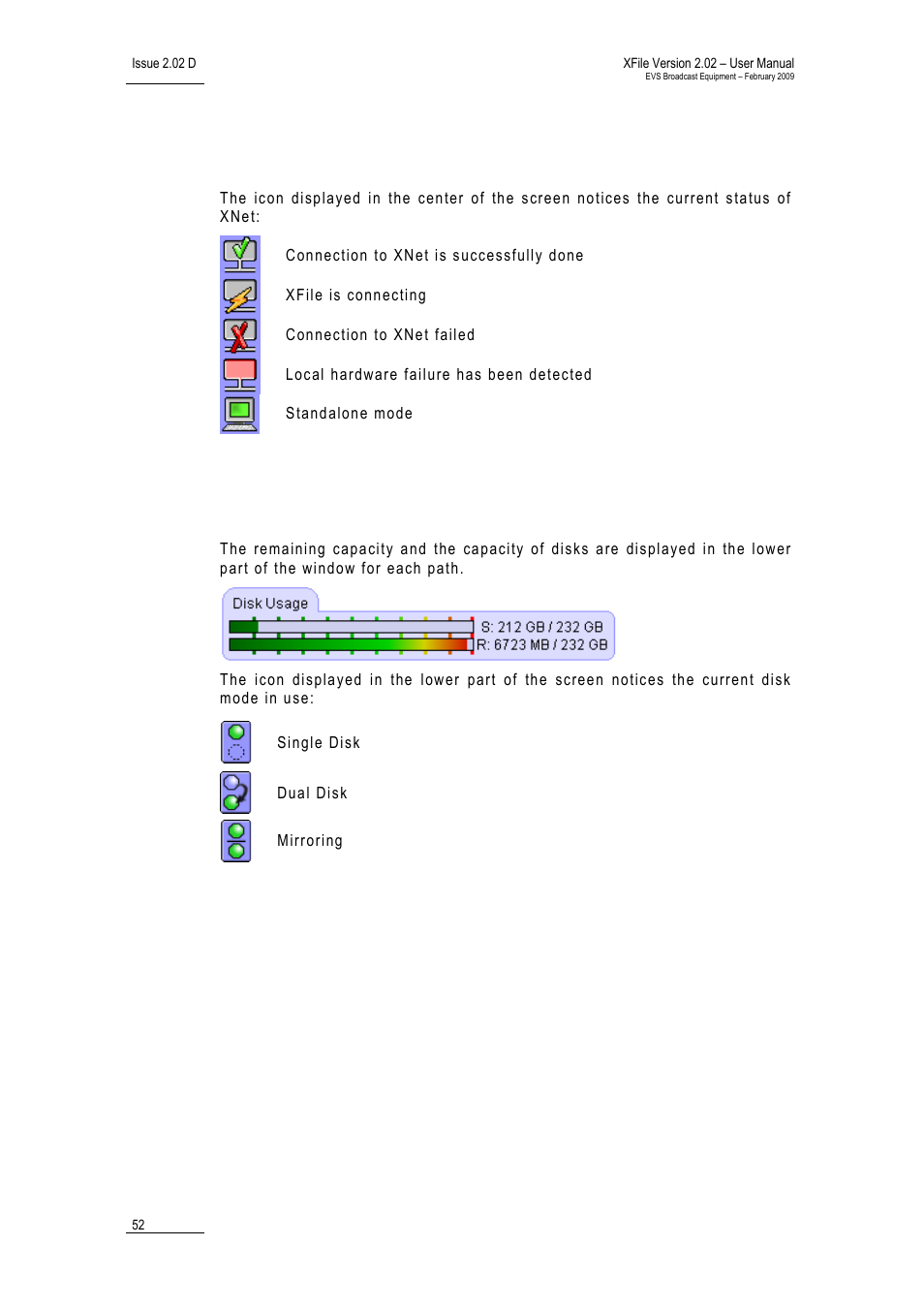 4 network status, 5 disk usage and disk mode, Etwork status | Sage and | EVS Xfile Version 2.02 - February 2009 User Manual User Manual | Page 53 / 189