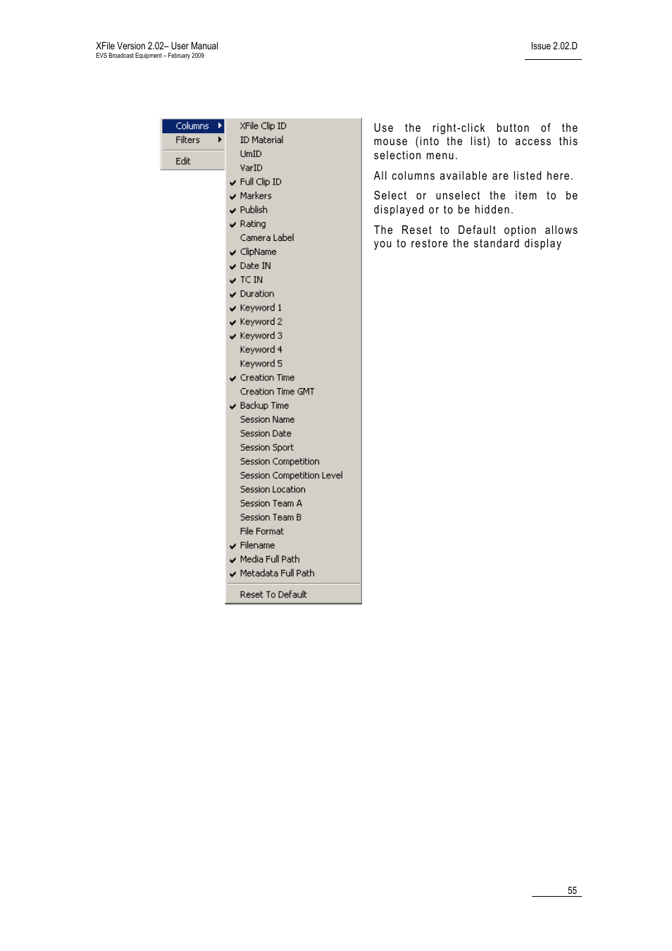 Defining columns | EVS Xfile Version 2.02 - February 2009 User Manual User Manual | Page 56 / 189