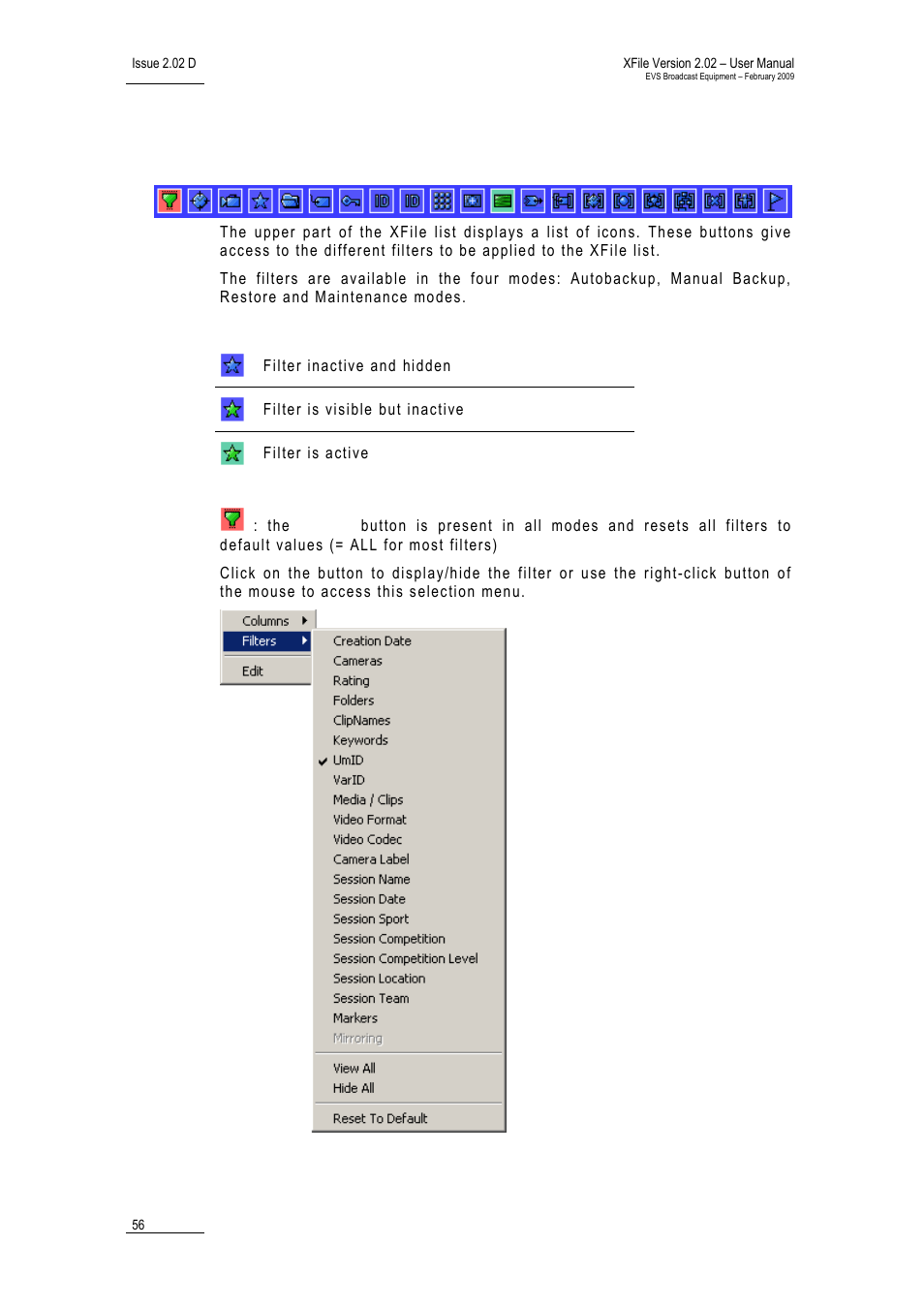 Filters, Ilters | EVS Xfile Version 2.02 - February 2009 User Manual User Manual | Page 57 / 189
