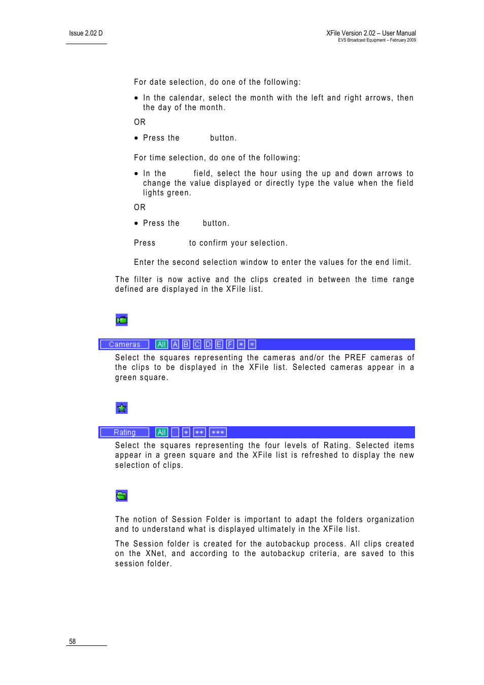 Camera selection, Rating, Folders | EVS Xfile Version 2.02 - February 2009 User Manual User Manual | Page 59 / 189