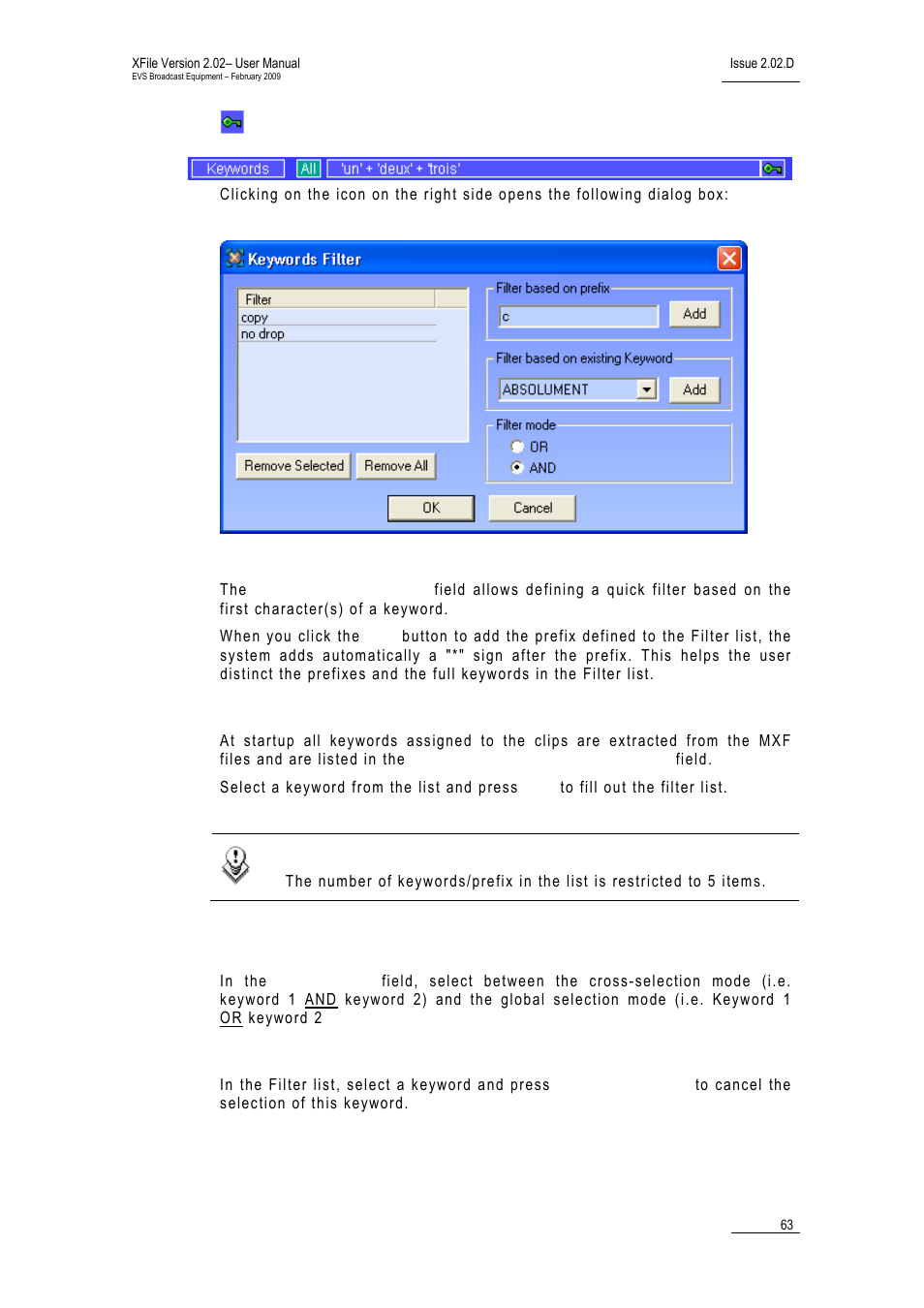 Keywords, Filter based on prefix, Filter based on existing keyword | Filter mode, Remove selected | EVS Xfile Version 2.02 - February 2009 User Manual User Manual | Page 64 / 189