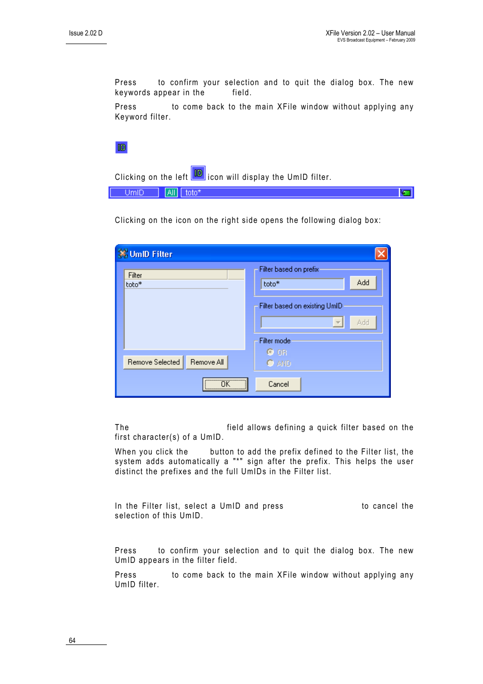 Ok / cancel, Umid, Filter based on prefix | Remove selected, Ok/cancel | EVS Xfile Version 2.02 - February 2009 User Manual User Manual | Page 65 / 189