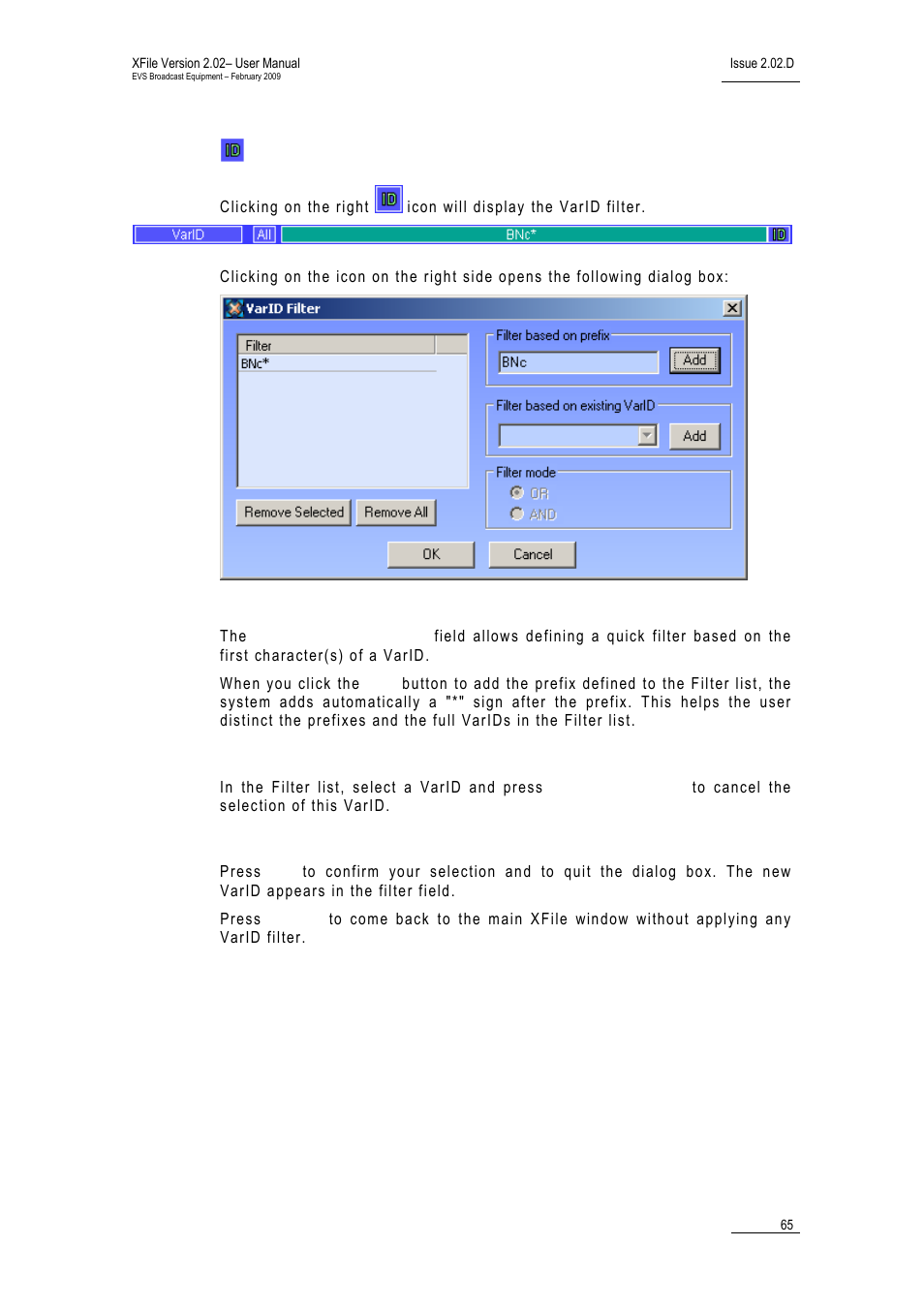 Varid, Filter based on prefix, Remove selected | Ok/cancel | EVS Xfile Version 2.02 - February 2009 User Manual User Manual | Page 66 / 189