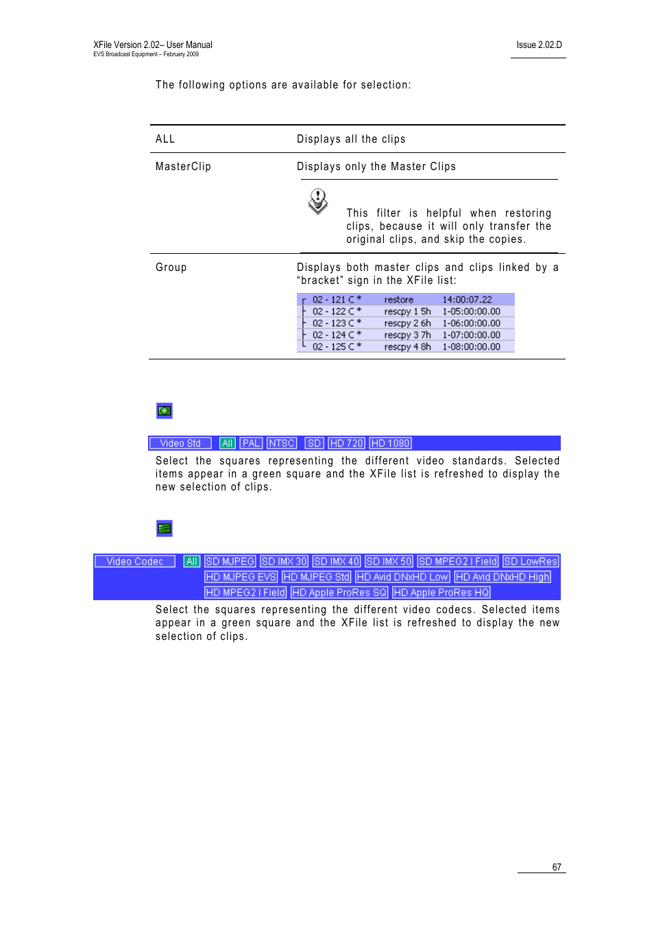 Video standards, Video codecs | EVS Xfile Version 2.02 - February 2009 User Manual User Manual | Page 68 / 189