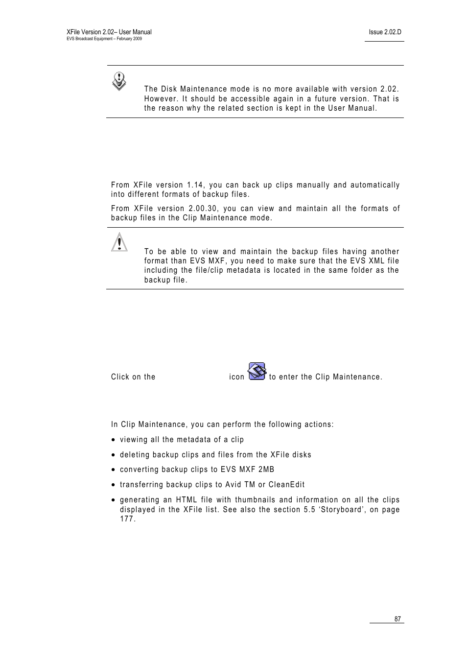 9 clip maintenance, 1 introduction, Access | Available functions, 9 ‘clip, Maintenance’, on, Ntroduction | EVS Xfile Version 2.02 - February 2009 User Manual User Manual | Page 88 / 189