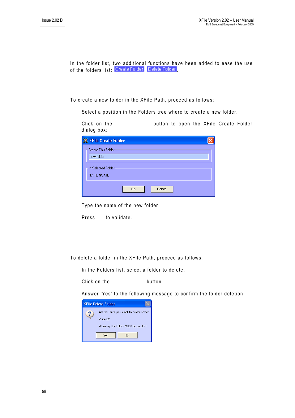 4 maintaining folders in the xfile paths, How to create a folder in the xfile path, How to delete a folder in the xfile path | EVS Xfile Version 2.02 - February 2009 User Manual User Manual | Page 99 / 189
