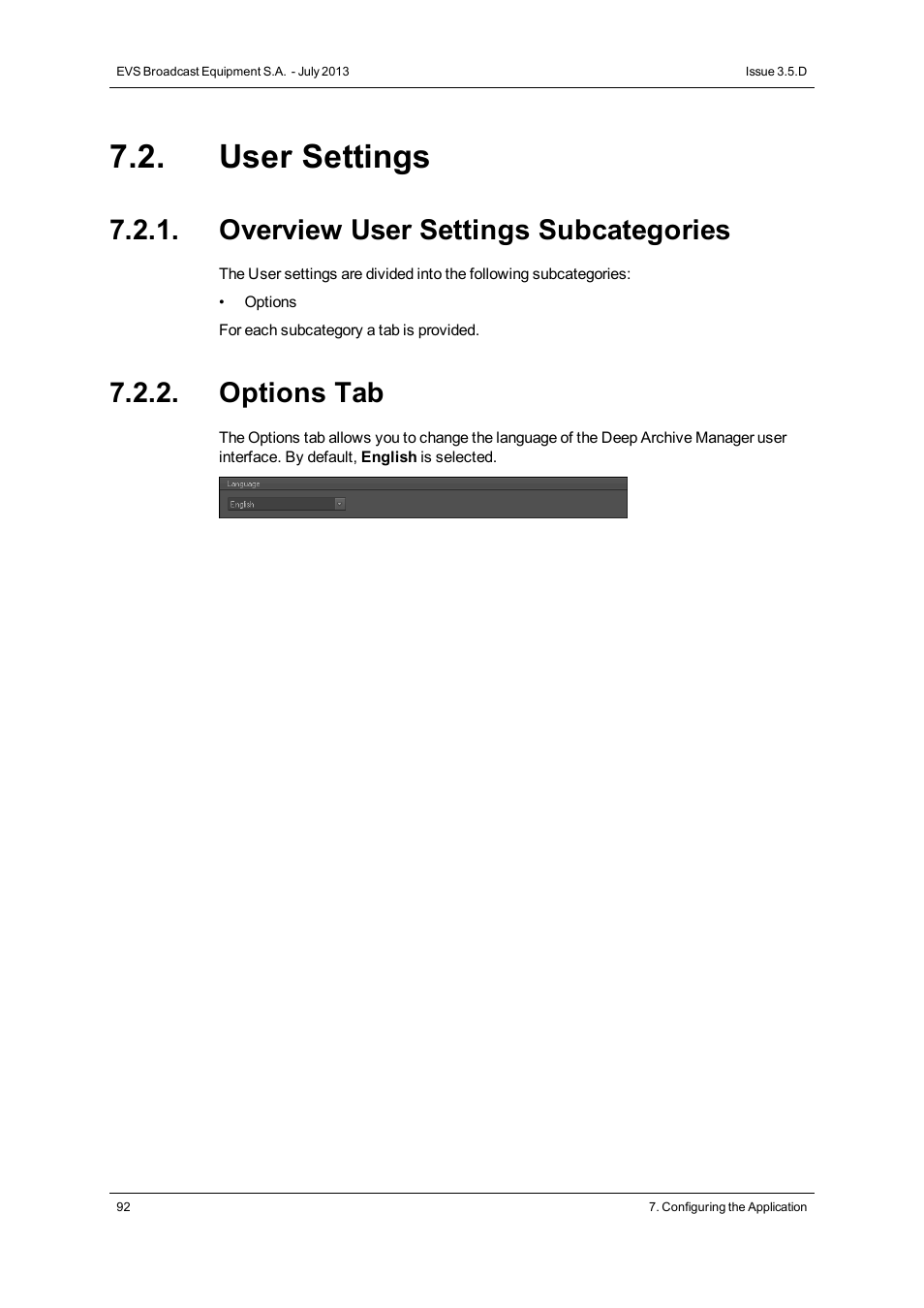 User settings, Overview user settings subcategories, Options tab | EVS IP2Archive Deep Archive Manager Version 3.5 - July 2013 User Manual User Manual | Page 100 / 113