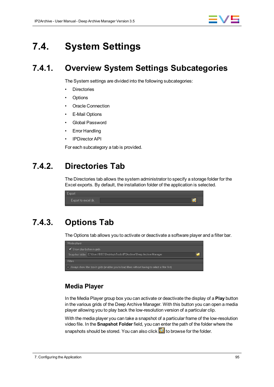 System settings, Overview system settings subcategories, Directories tab | Options tab | EVS IP2Archive Deep Archive Manager Version 3.5 - July 2013 User Manual User Manual | Page 103 / 113