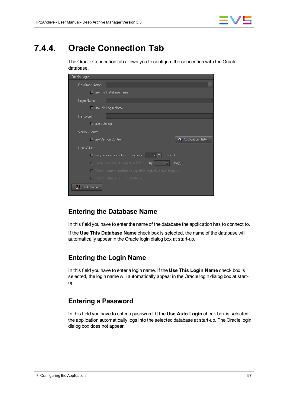 Oracle connection tab, Entering the database name, Entering the login name | Entering a password | EVS IP2Archive Deep Archive Manager Version 3.5 - July 2013 User Manual User Manual | Page 105 / 113