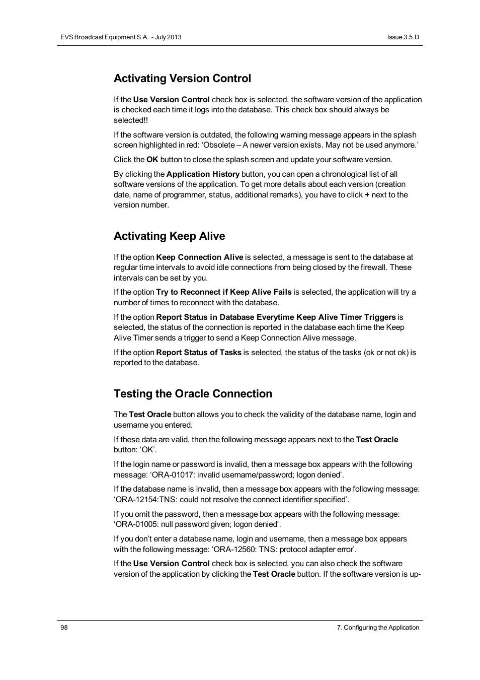 Activating version control, Activating keep alive, Testing the oracle connection | EVS IP2Archive Deep Archive Manager Version 3.5 - July 2013 User Manual User Manual | Page 106 / 113