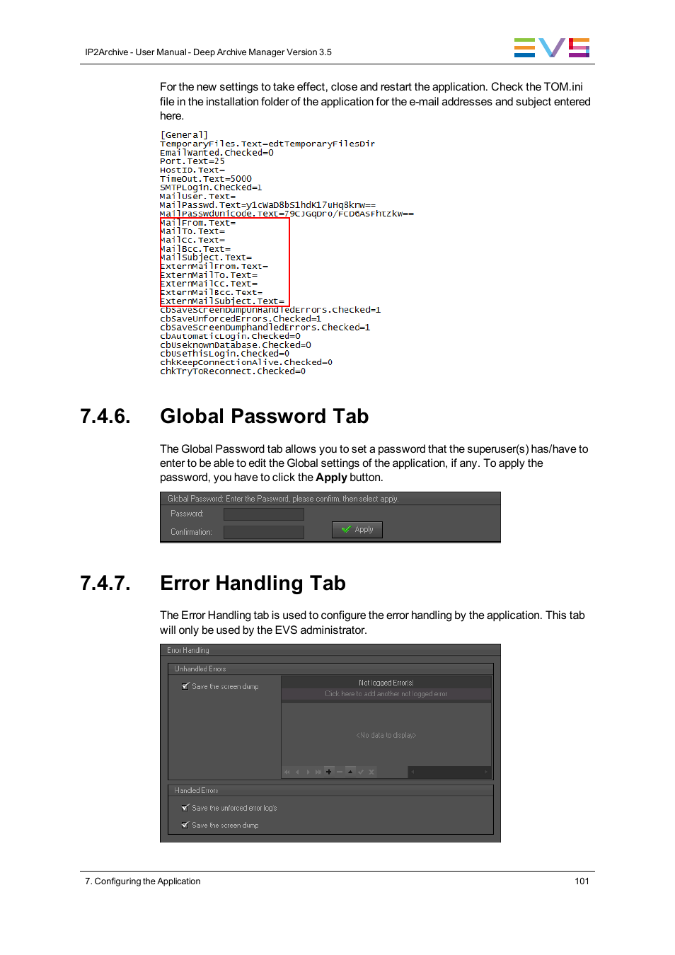 Global password tab, Error handling tab | EVS IP2Archive Deep Archive Manager Version 3.5 - July 2013 User Manual User Manual | Page 109 / 113
