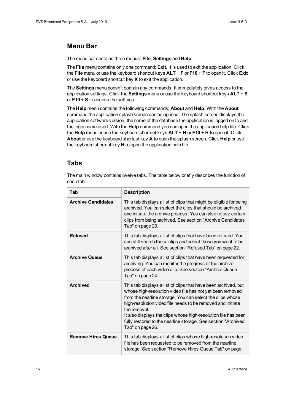 Menu bar, Tabs | EVS IP2Archive Deep Archive Manager Version 3.5 - July 2013 User Manual User Manual | Page 24 / 113