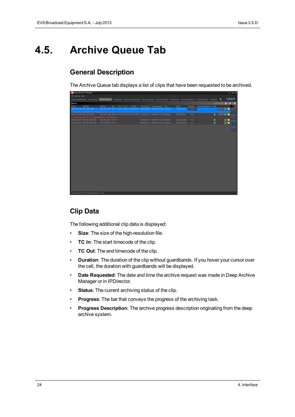 Archive queue tab, General description, Clip data | EVS IP2Archive Deep Archive Manager Version 3.5 - July 2013 User Manual User Manual | Page 32 / 113
