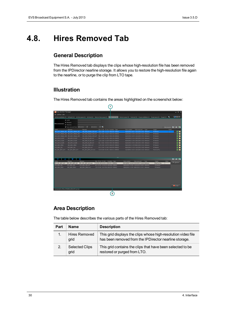 Hires removed tab, General description, Illustration | Area description | EVS IP2Archive Deep Archive Manager Version 3.5 - July 2013 User Manual User Manual | Page 38 / 113