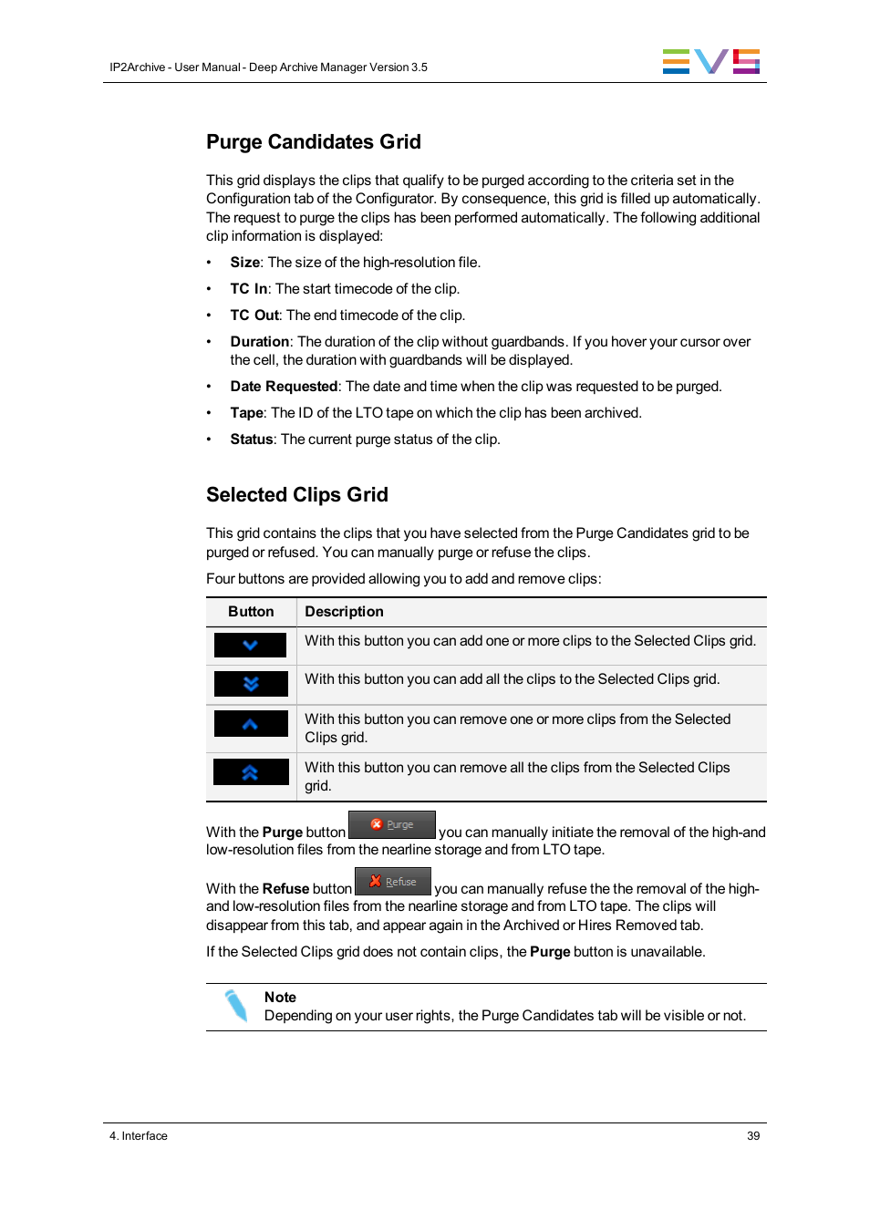 Purge candidates grid, Selected clips grid | EVS IP2Archive Deep Archive Manager Version 3.5 - July 2013 User Manual User Manual | Page 47 / 113