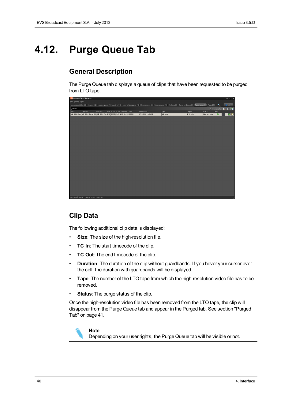Purge queue tab, General description, Clip data | EVS IP2Archive Deep Archive Manager Version 3.5 - July 2013 User Manual User Manual | Page 48 / 113